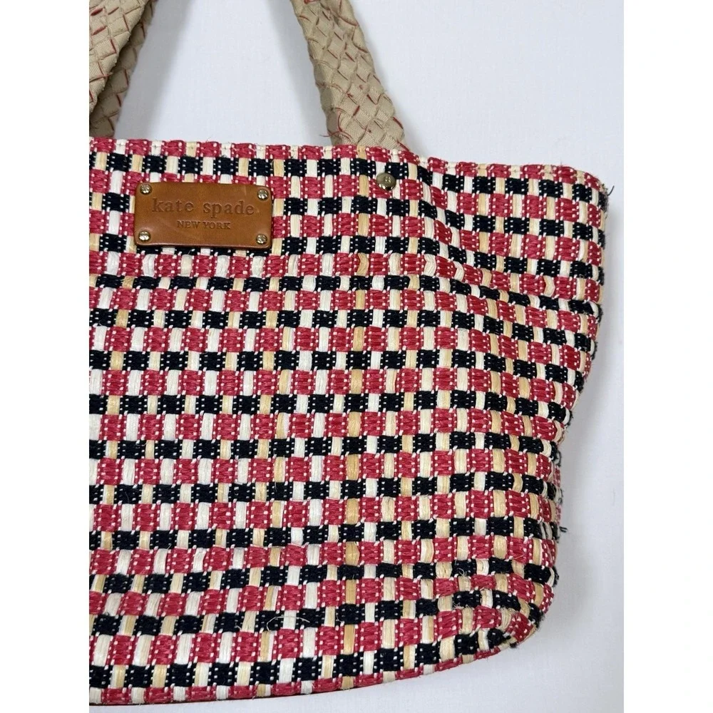 Kate Spade Woven Straw Tote Bag Red Black Cream Leather‎ Trim Large Shopper